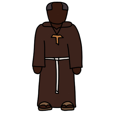 a person with dark brown skin and a dark tonsure wearing a dark brown robe tied with white rope at the waist, sandals, and a tau pendant.